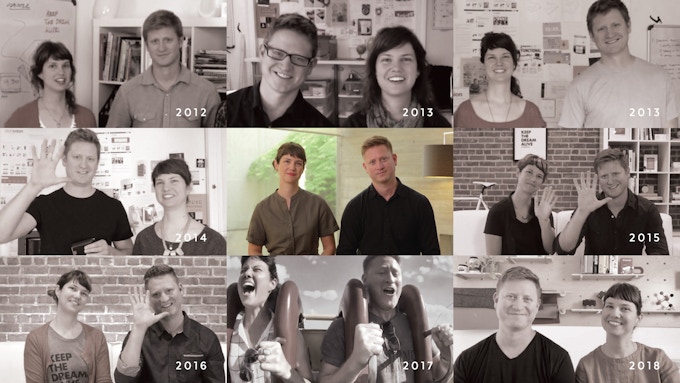 Collage of photos of Distil Union founders Nate Justiss and Lindsay Windham over the past decade