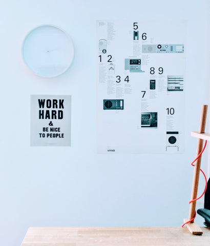 Scene from the Distil Union studio with a clock and Anthony Burrill and Dieter Rams posters